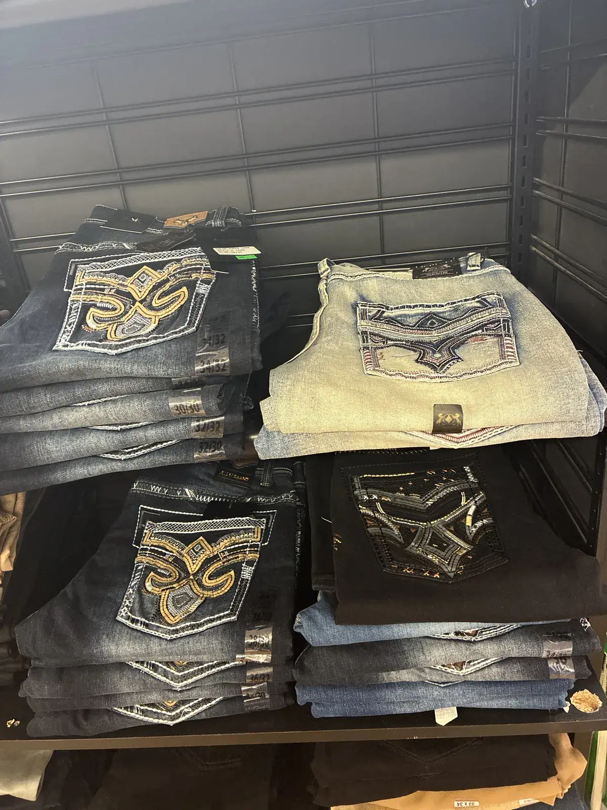 Embroidered-pocket jeans on display at Yessenia’s Fashion