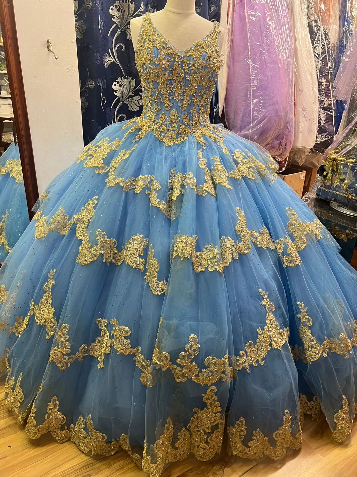 vestido quinceanera azul oro blue gold